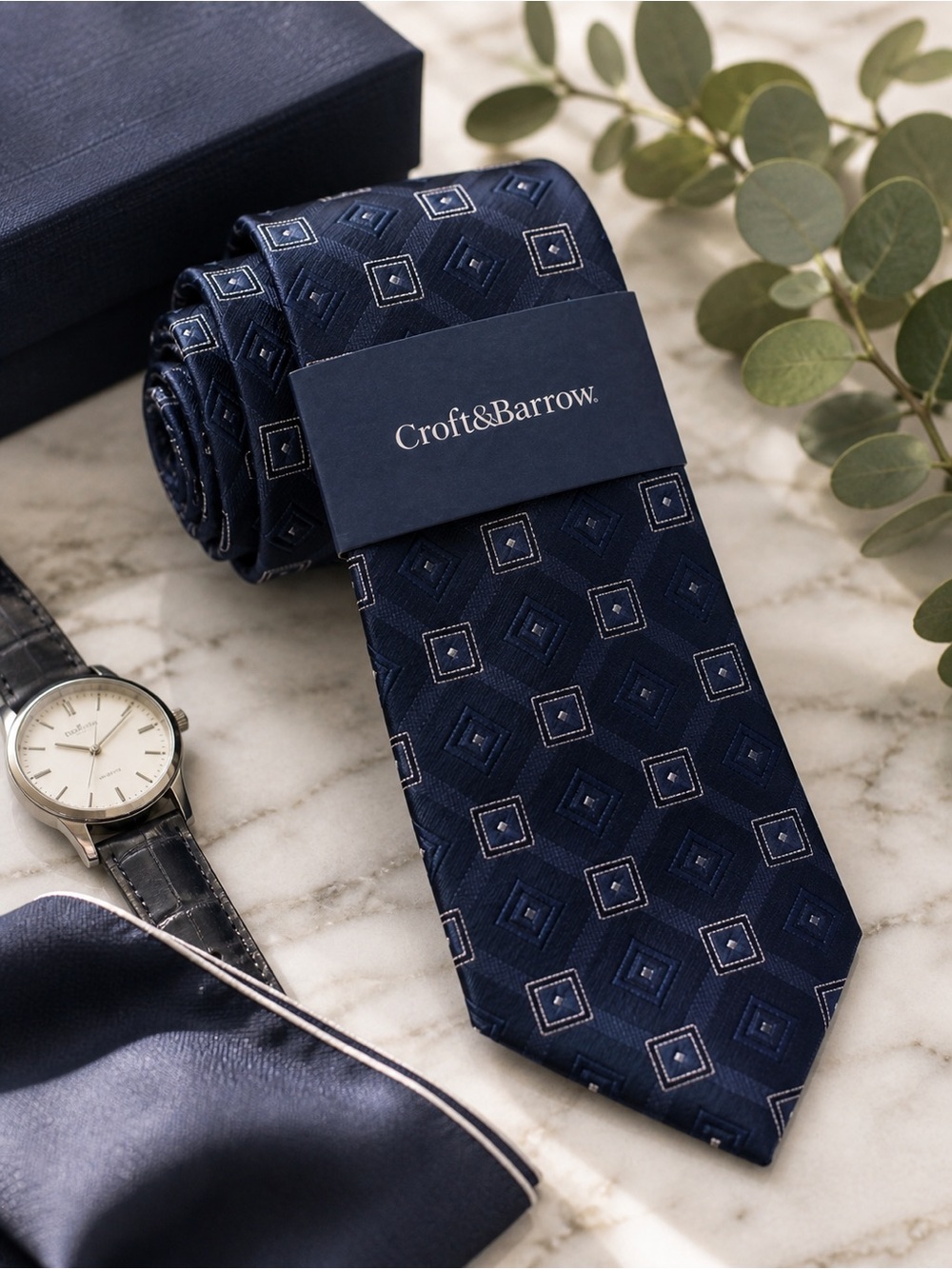 Croft & Barrow Navy Geometric Silk Blend Tie Classic Career Dress Tie Mens
